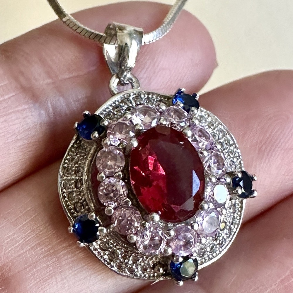 Elegant Red Centerstone Multi-Gem Silver Pendant Necklace